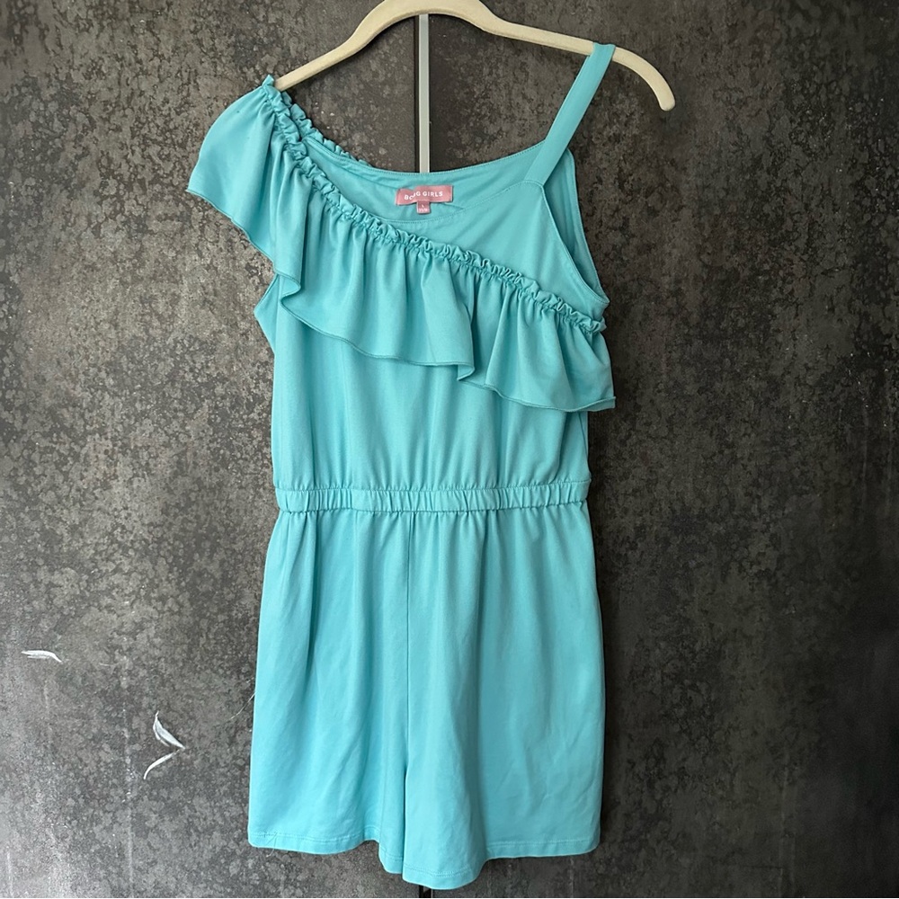 BCBG Girls One Shoulder Ruffle Sleeve Aqua Blue Romper Size 14 –  Summer